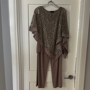R & M Richards Brown Sequin Jumpsuit with Flutter Sleeves